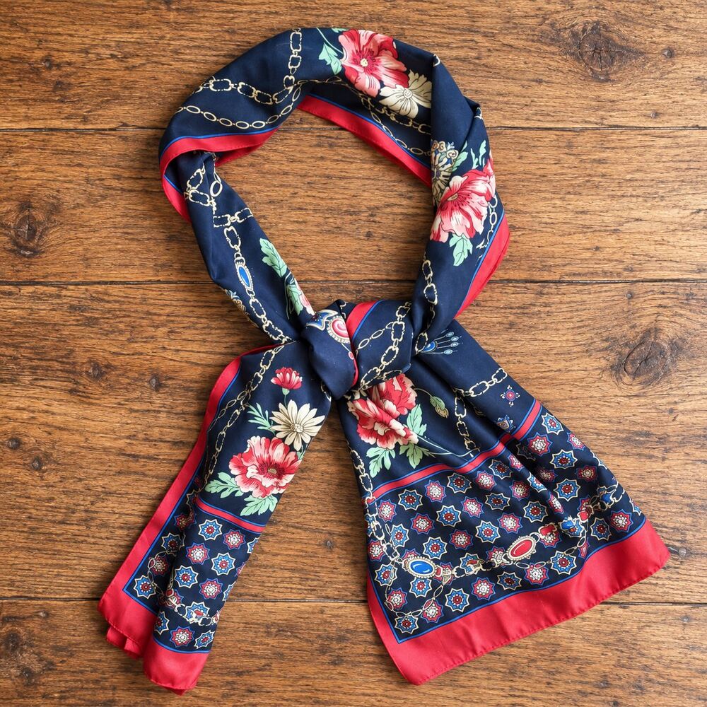 Vintage 90s Long Skinny Oblong Scarf Navy Red Floral Chain Jewel Print 53x11